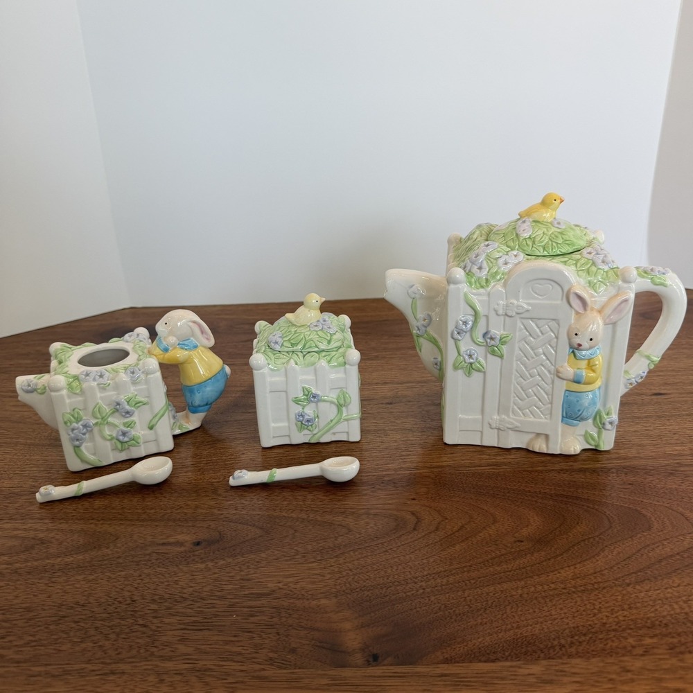 80's Applause Bunny Rabbit ChickGarden Ceramic Tea Pot Set Cottagecore, Easter